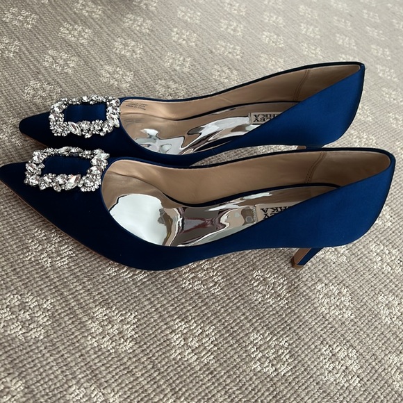 Navy satin kitten heels with jewel detail